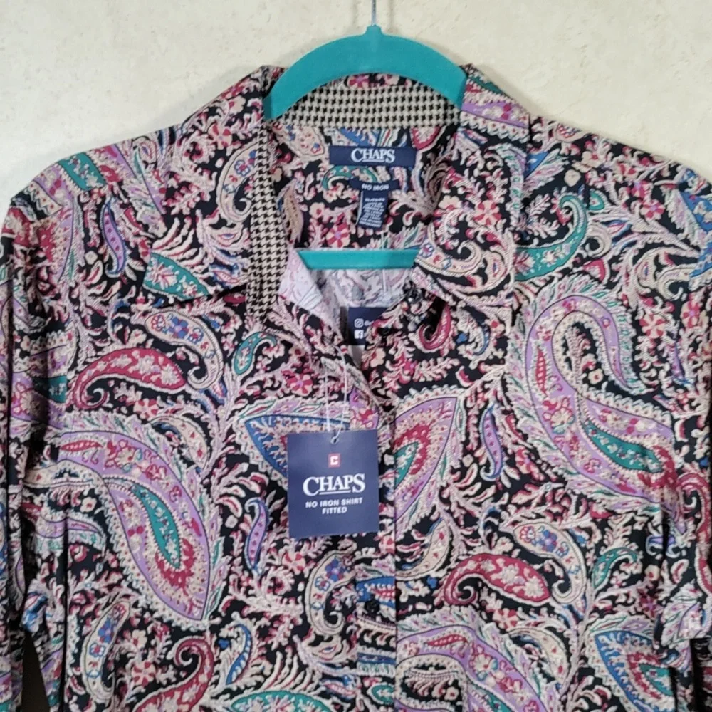 2/$10 04178 Chaps teal & purple paisley No Iron button up shirt XL NWT - Picture 2 of 13